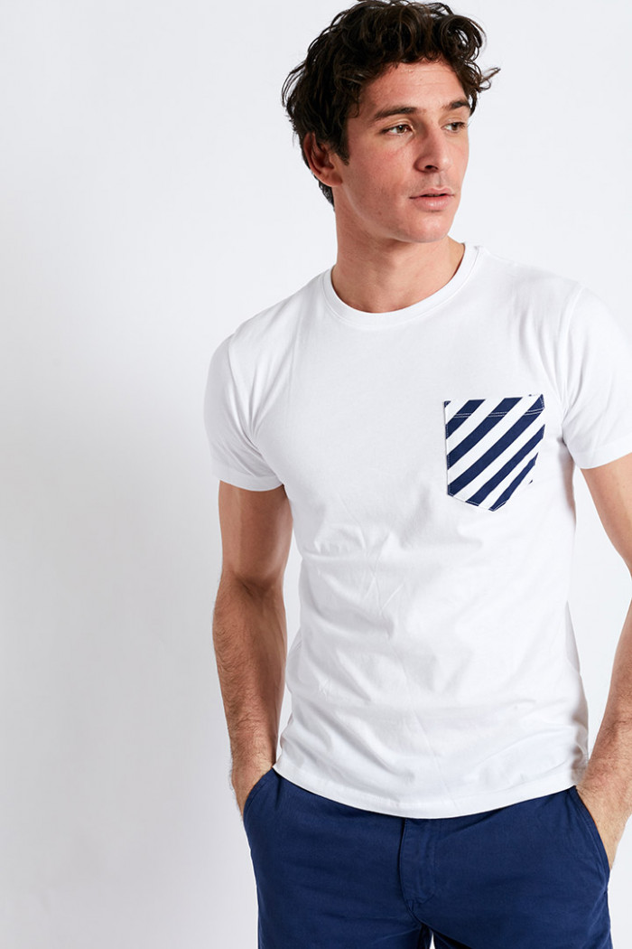 T-shirt manches courtes blanc Poche imprimé géo rayure graphique TSMC GEO