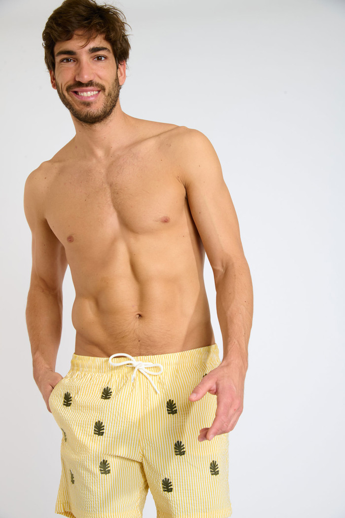Short de bain à rayures jaune et motif tropical EMILIO MINORI