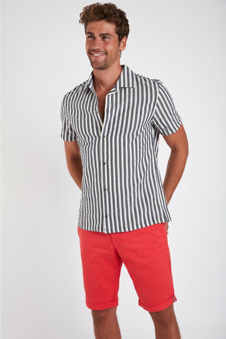 Chemise manches courtes marine à rayures STEFANO BUDELLO 