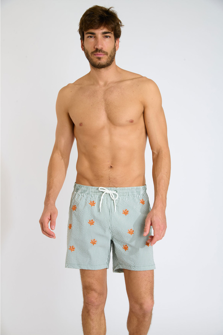 Short de bain à rayures kaki et motif corail EMILIO MINORI - 4